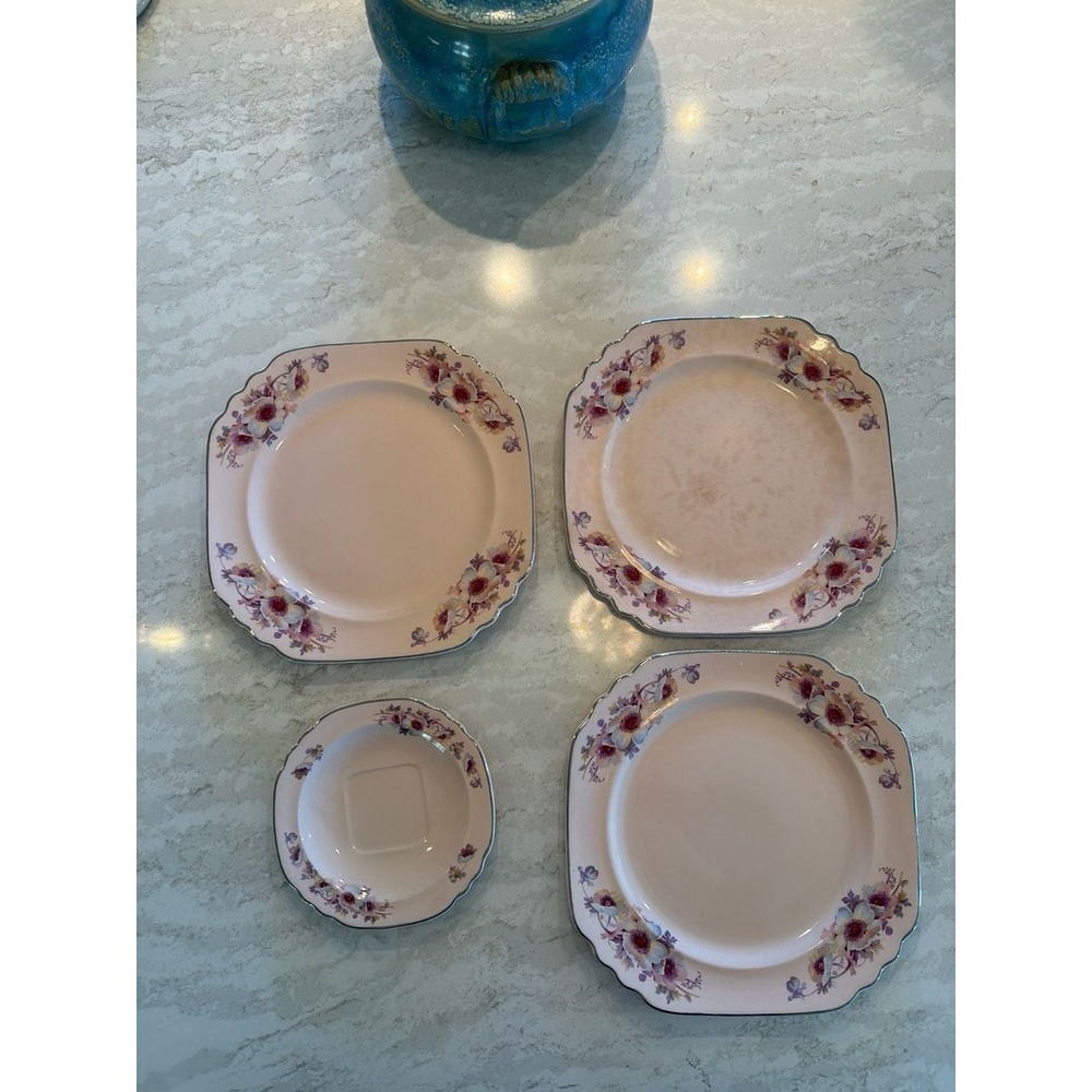 Vintage Royal China Royal-Beige Blue Moon 4M133 Silver Trim Scalloped Square Pla